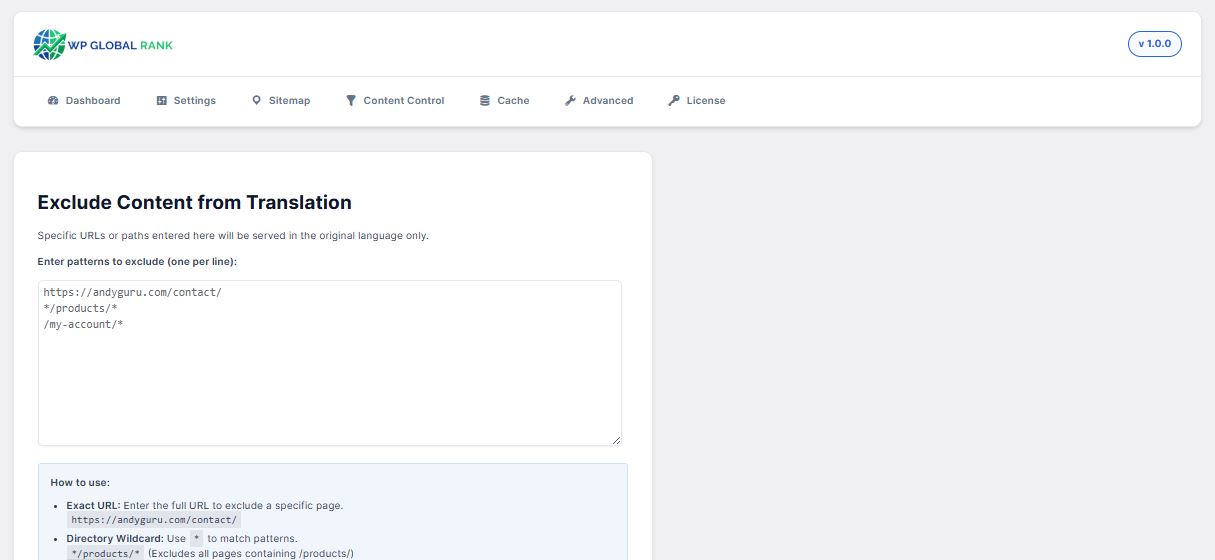 Wildcard content exclusion for wordpress ecommerce translation